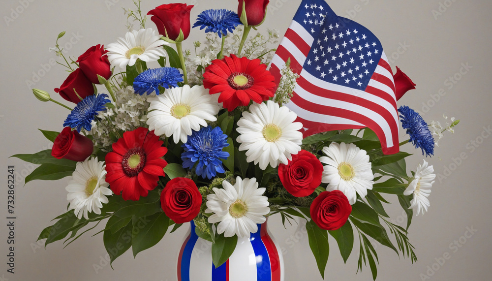 Obraz premium Red, white, and blue flowers in a vase
