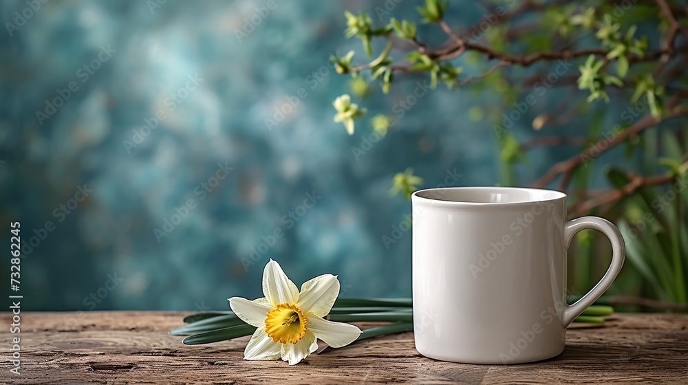 Fototapeta premium A white coffee mug mock up. The mug is on a wooden table with a daffodil. 
