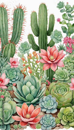 Vertical drawing of flowering cacti and succulents on white background