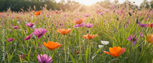 Vibrant flower fields with sunshine and blurred lights backdrop from Creative Technology