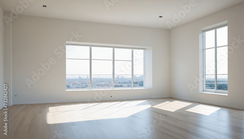 Spacious white room with unique window patterns