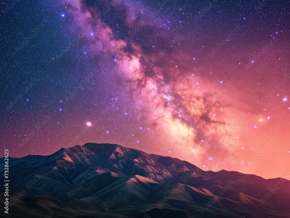 Experience the awe-inspiring universe with a stunning Milky Way and pink glow, illuminating majestic mountains. This vibrant nocturnal landscape captures the essence of a summer night