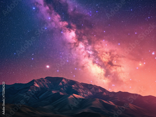 Experience the awe-inspiring universe with a stunning Milky Way and pink glow, illuminating majestic mountains. This vibrant nocturnal landscape captures the essence of a summer night