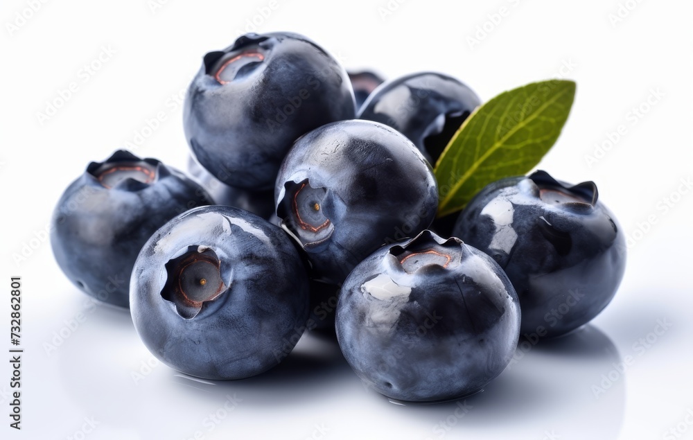 Blueberries with green leaves on white background. Full sharpness for each blueberry. Blueberries with green leaves on white background. Full sharpness for each blueberry.