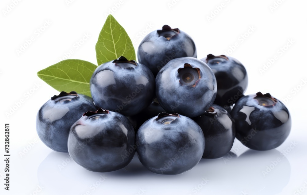 Blueberries with green leaves on white background. Full sharpness for each blueberry. Blueberries with green leaves on white background. Full sharpness for each blueberry.