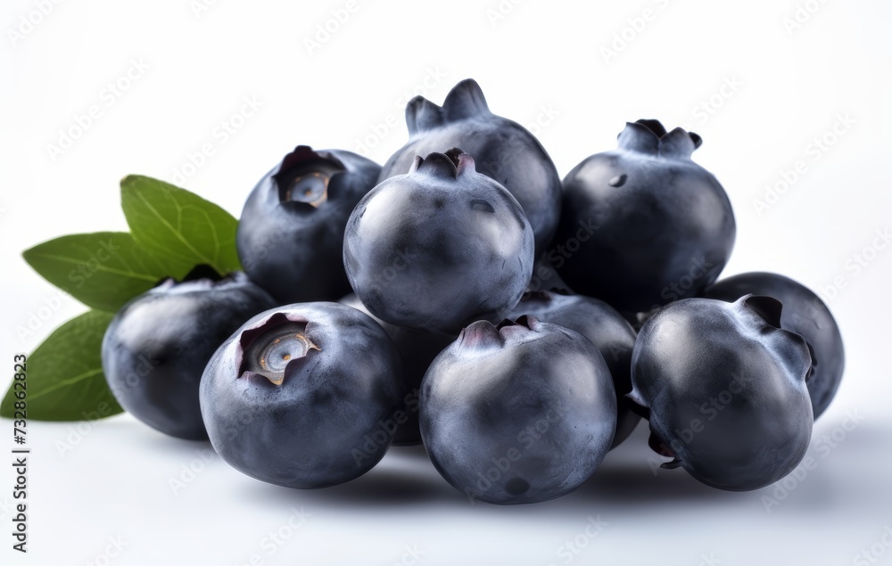 Blueberries with green leaves on white background. Full sharpness for each blueberry. Blueberries with green leaves on white background. Full sharpness for each blueberry.