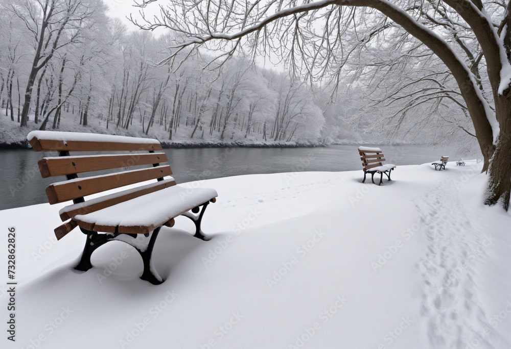 Romantic Snow-Covered Bench by the Riverside - Winter's Embrace