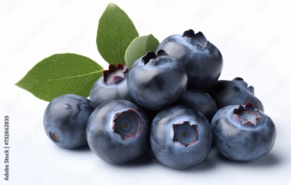 Blueberries with green leaves on white background. Full sharpness for each blueberry. Blueberries with green leaves on white background. Full sharpness for each blueberry.