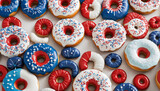a tray of patriotic red white and blue donuts, independence day food, donut, generative ai