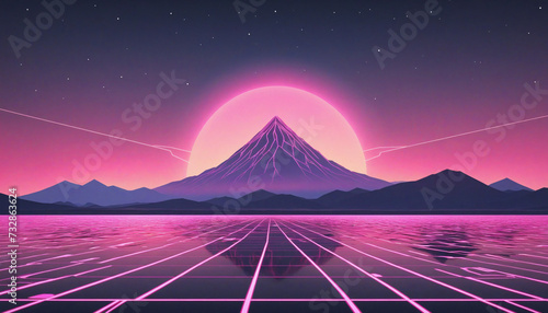 Retro-style mountain landscape with vibrant pink neon grids and waves