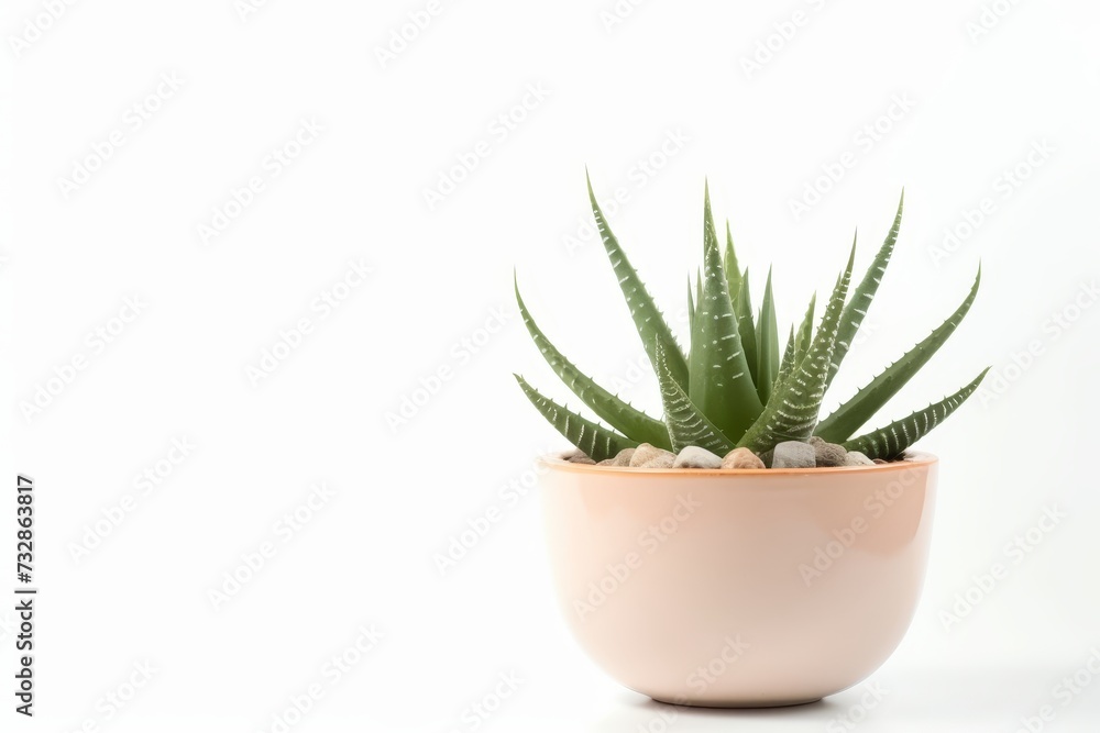 Fototapeta premium Small plant in pot succulents or cactus isolated on white background by front view