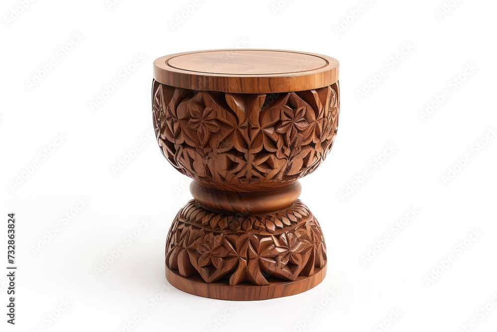 Create a full-body, front, and close-up view of a Bohemian chic-inspired carved wooden stool. Infuse the design with intricate patterns, vibrant colors, and eclectic detailing. Create a full-body, front, and close-up view of a Bohemian chic-inspired carved wooden stool. Infuse the design with intricate patterns, vibrant colors, and eclectic detailing.