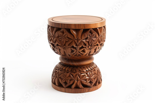 Create a full-body, front, and close-up view of a Bohemian chic-inspired carved wooden stool. Infuse the design with intricate patterns, vibrant colors, and eclectic detailing.