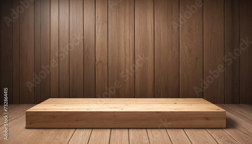 Wooden display table on wooden backdrop for showcasing products