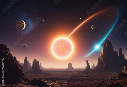 Vibrant and enchanting sunrise over a cluster of planets in the cosmos with shooting stars and cosmic beauty