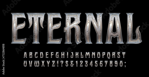 Eternal is a weathered metallic effect antiqued alphabet; good for movie titles, gaming logos, fantasy genre banners and headlines. 