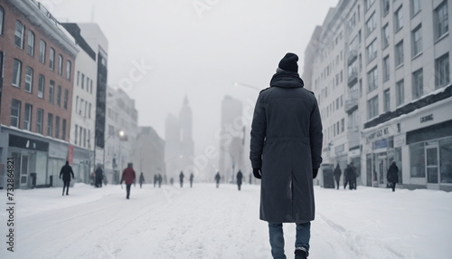 Man bravely faces winter cityscape in fashionable attire