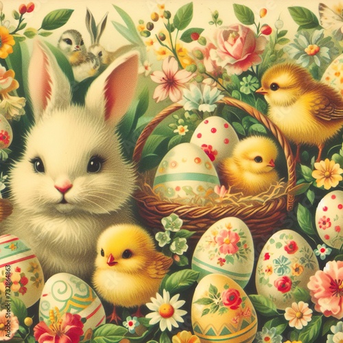 Close-up of a vintage-inspired Easter greeting card featuring bunnies, chicks, and springtime florals Nostalgic and whimsical Adds a touch of retro charm to Easter designs 