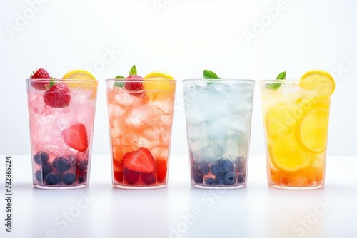 Fruit drink mix with soda: lemon, blueberry, strawberry, peach, and yuzu orange. Refreshing summer cocktail isolate on white. Generative AI © Melisande