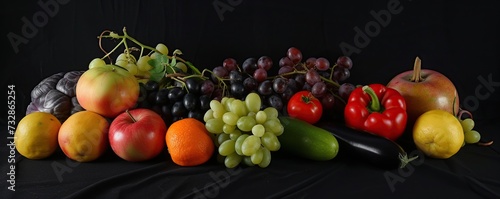 A large group of fresh and healthy fruits isolated on a black background and neatly arranged in a clean place