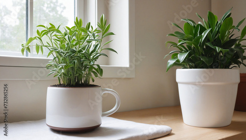 White cup on a table with plants in the background