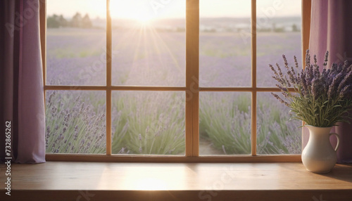 Sunny table setting with lavender flower and window  blurred background