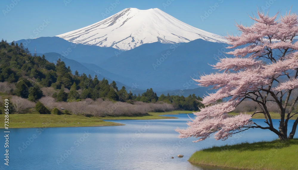 Fototapeta premium Cherry blossoms, trees, Japanese spring, mountains, snow