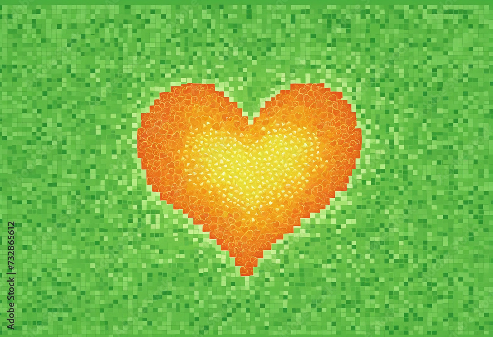 Illustration orange pixel art heart light green background,