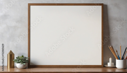 A minimalistic white canvas in a rustic wooden frame  ready for customization and display in a home interior 