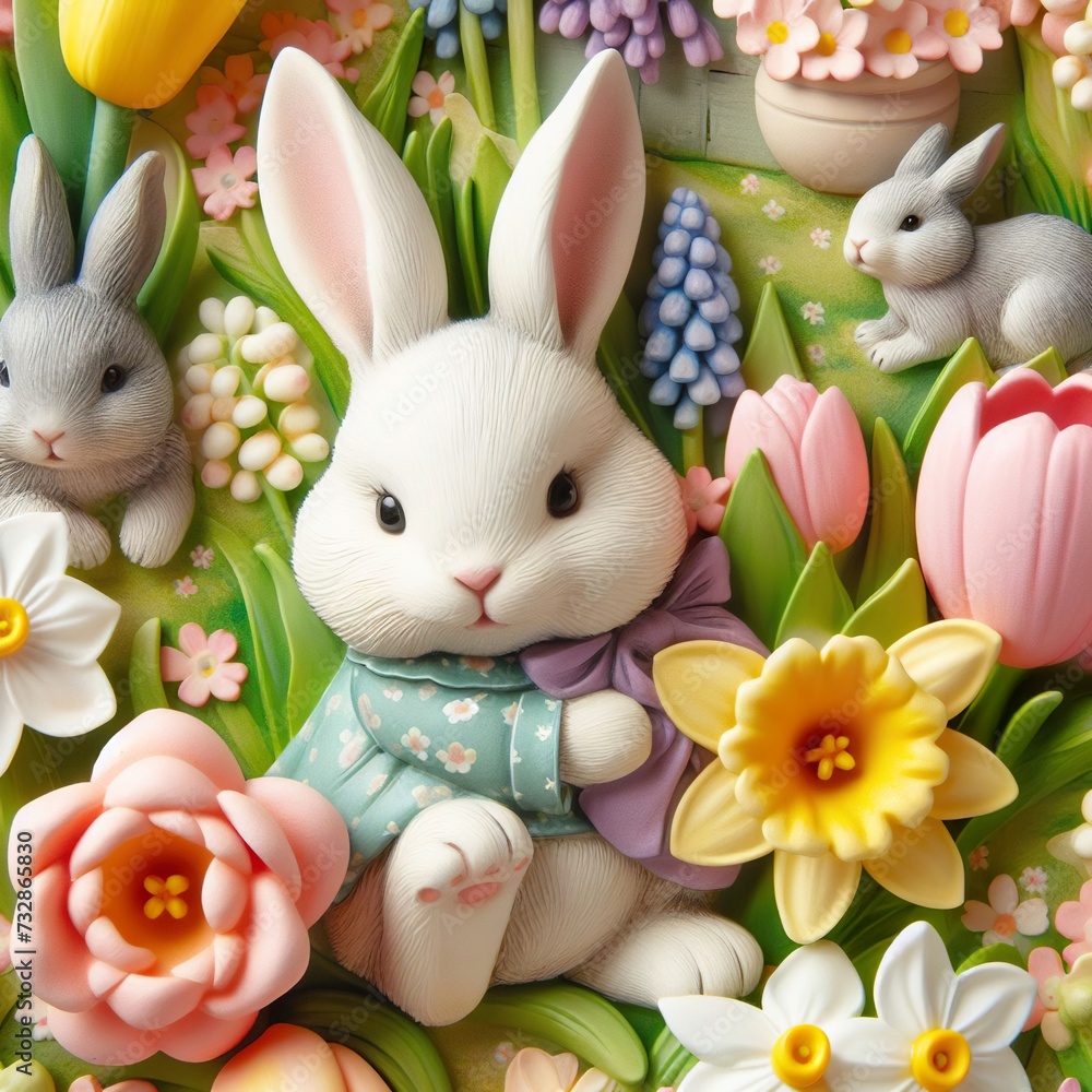 Close-up of a whimsical Easter bunny garden party with rabbits frolicking amidst blooming tulips, daffodils, and hyacinths Playful and charming Perfect for Easter party invitations Close-up of a whimsical Easter bunny garden party with rabbits frolicking amidst blooming tulips, daffodils, and hyacinths Playful and charming Perfect for Easter party invitations