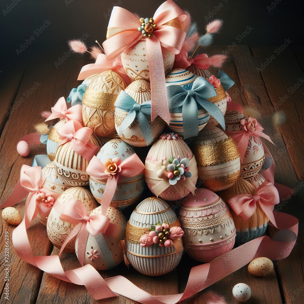 Close-up of a stack of beautifully decorated Easter eggs with ribbons and bows Celebration and renewal Perfect for Easter-related designs 