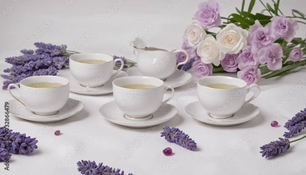 Lavender Fields and Floral Teacups on White Canvas Lavender Fields and Floral Teacups on White Canvas