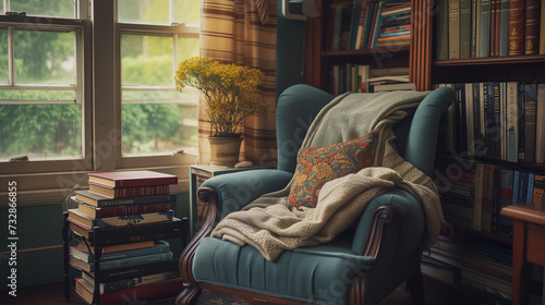 Chair With Blanket in Front of Bookshelf