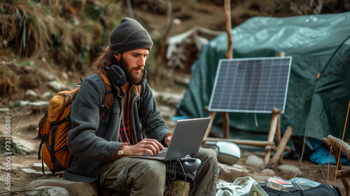 Man Working on Laptop Outdoors With Solar Charger