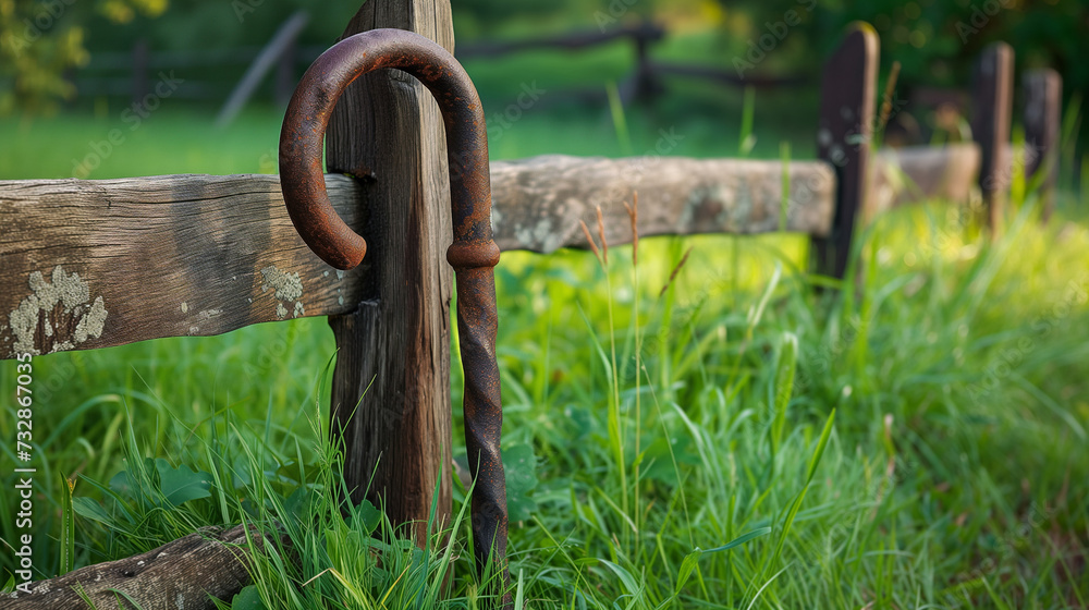 A gentle image of a shepherd's crook resting against a wooden fence in a lush green pasture symbolizing guidance and care --ar 16:9 --v 6.0 A gentle image of a shepherd's crook resting against a wooden fence in a lush green pasture symbolizing guidance and care --ar 16:9 --v 6.0