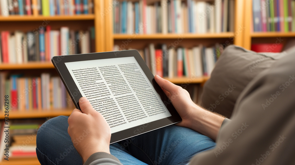 Person Sitting With Tablet in Front of Bookshelf Person Sitting With Tablet in Front of Bookshelf