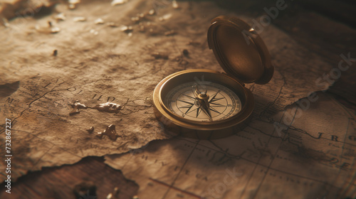 Minimalist Compass on Ancient Map, Symbolizing Direction and Discovery photo