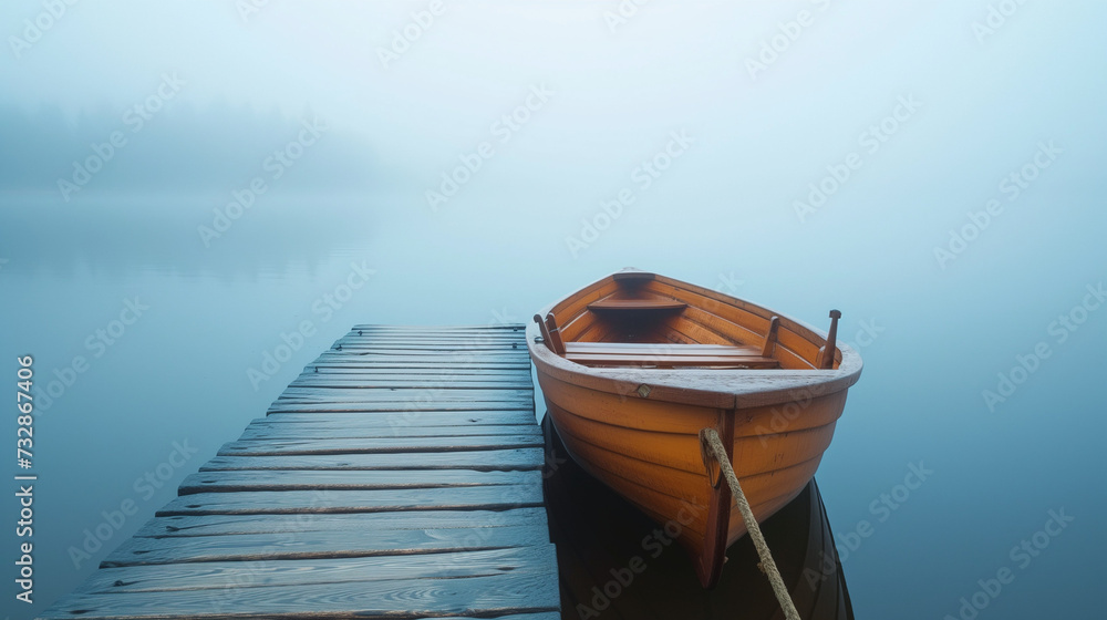 Foggy Morning: Small Boat Tied to Dock Foggy Morning: Small Boat Tied to Dock