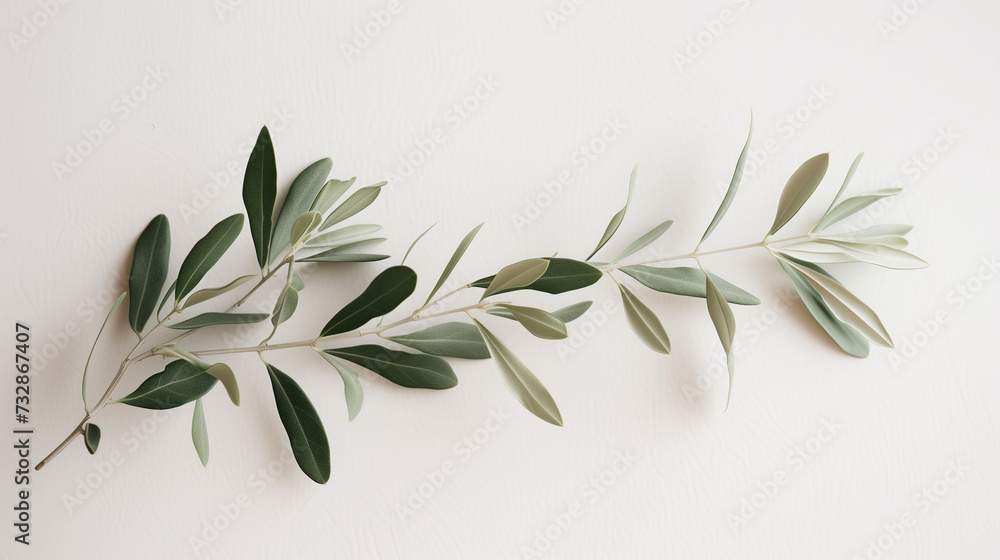 Olive Branch With Green Leaves on White Background