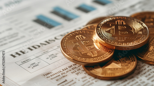 Gold Bitcoins Piled on Finance Newspaper photo