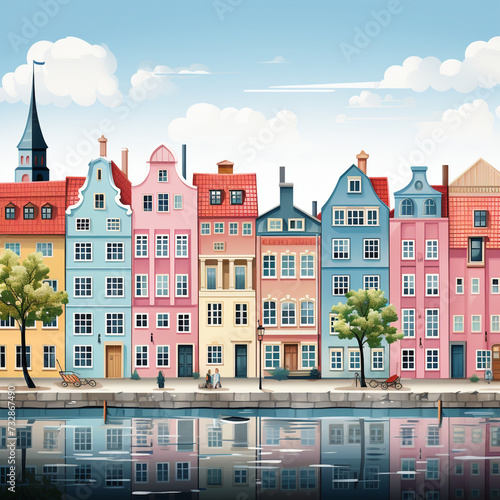 Cartoon Style Copenhagen Canal with Traditional Buildings in Pastel Colors on a Sunny Day