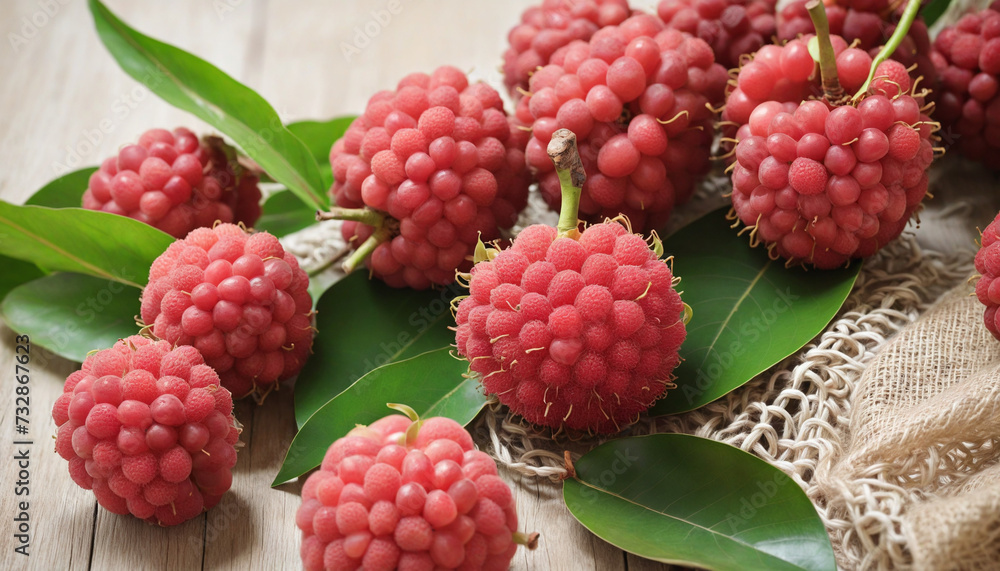 Crimson lychee fruit with copy space on blurred background Crimson lychee fruit with copy space on blurred background