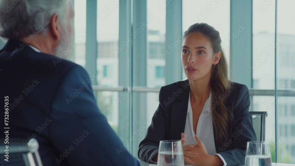Fototapeta premium Female Entrepreneur Engages with Male Investor Meeting