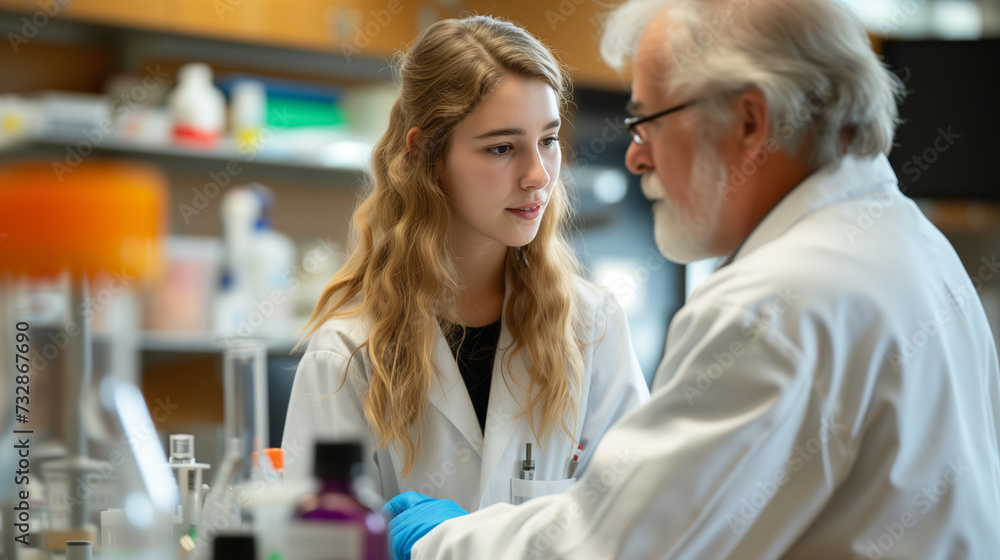 Obraz premium Female Scientist Collaborating With Male Researcher in High-Tech Lab