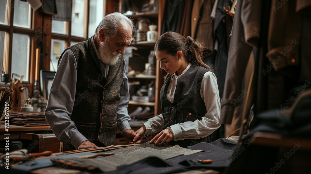 Elderly Man and Young Girl Examining Leather Piece