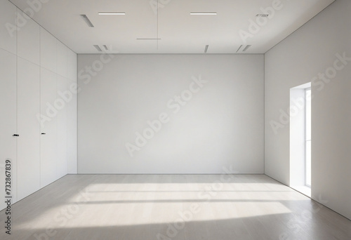 Minimalist white room with white cube
