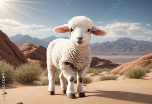 Adorable lamb in desert with mountains in background photo