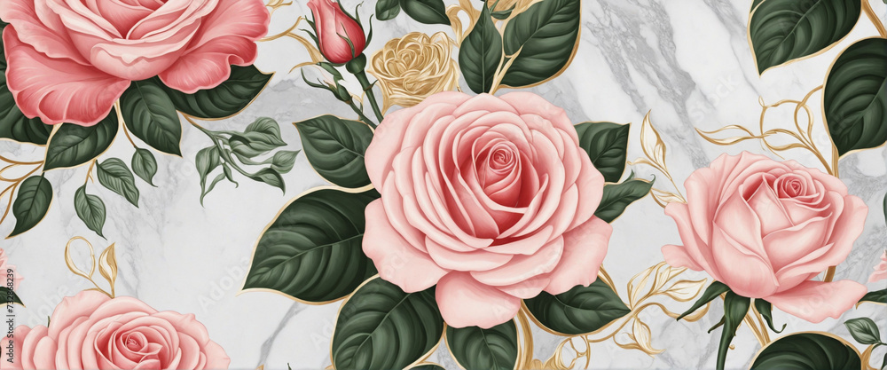 Golden rose and marble seamless pattern for wallpaper mockup - Generative design Golden rose and marble seamless pattern for wallpaper mockup - Generative design
