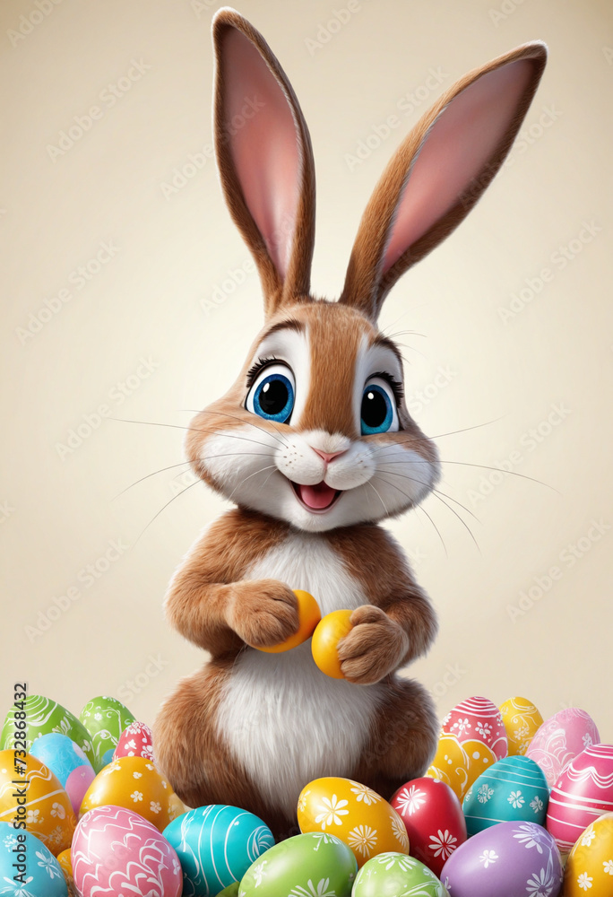 Fototapeta premium Cheerful Easter Rabbit Drawing with Adorable Easter Eggs on Simple Background