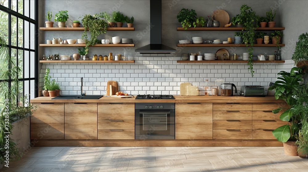 Kitchen interior. Wall mockup in kitchen interior background, Farmhouse style. Decor concept. Real estate concept. Art concept. Kitchen concept. Stylist concept. 3d render concept.